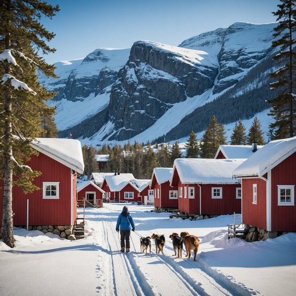 Quels chalets en Norvège proposent des cours de pêche sur glace et des balades en traîneau à chiens?
